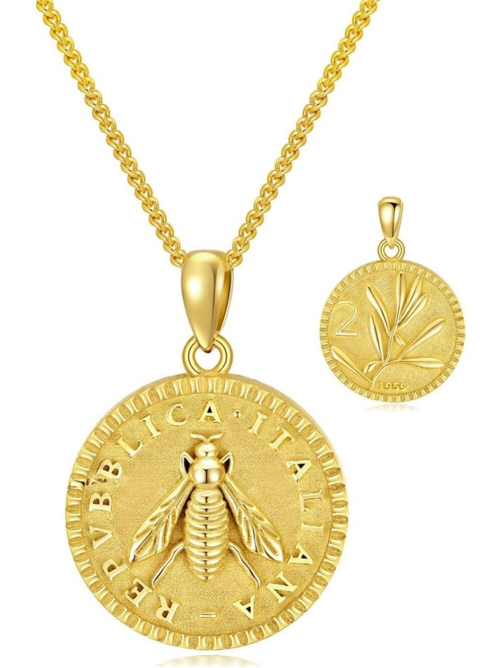 925 Sterling Silver Italian Bee Coin Necklace, 18K Gold Plated Pendant Gift for